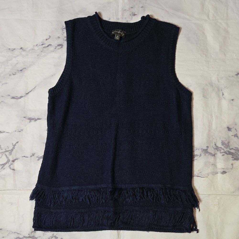 Wonderly Navy Fringe Knit Sleeveless Sweater